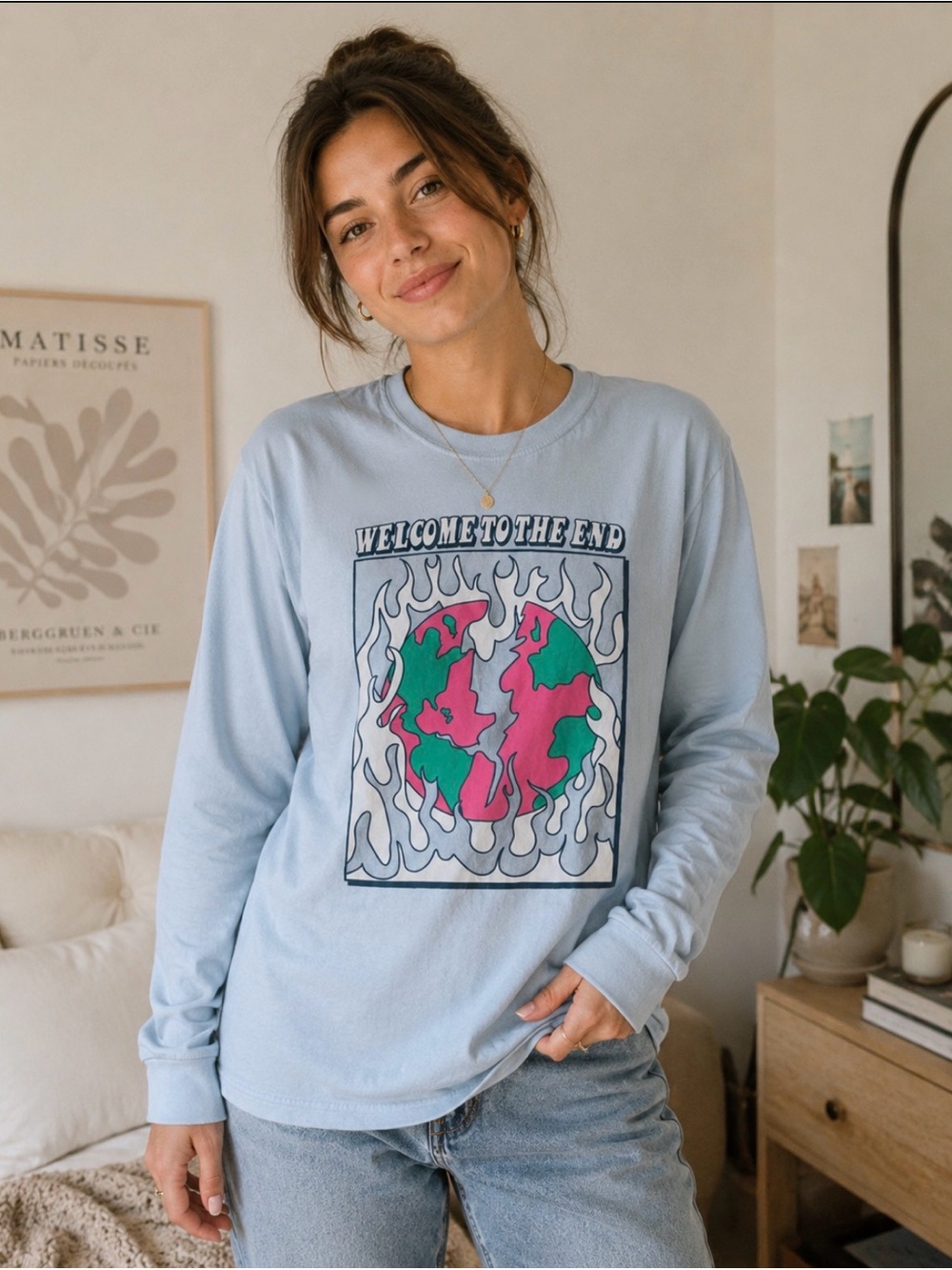 A-Lab "Welcome to the end" T-Shirt Light/Pastel Blue womens small long sleeve